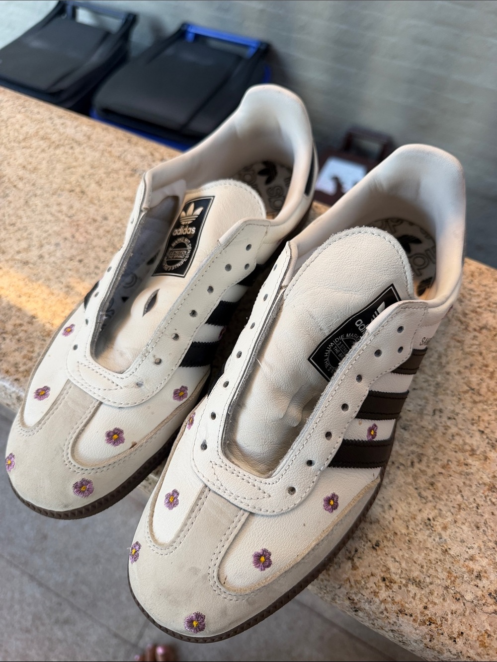 adidas Women’s White Sneakers with Black Stripes and Purple Floral Accents